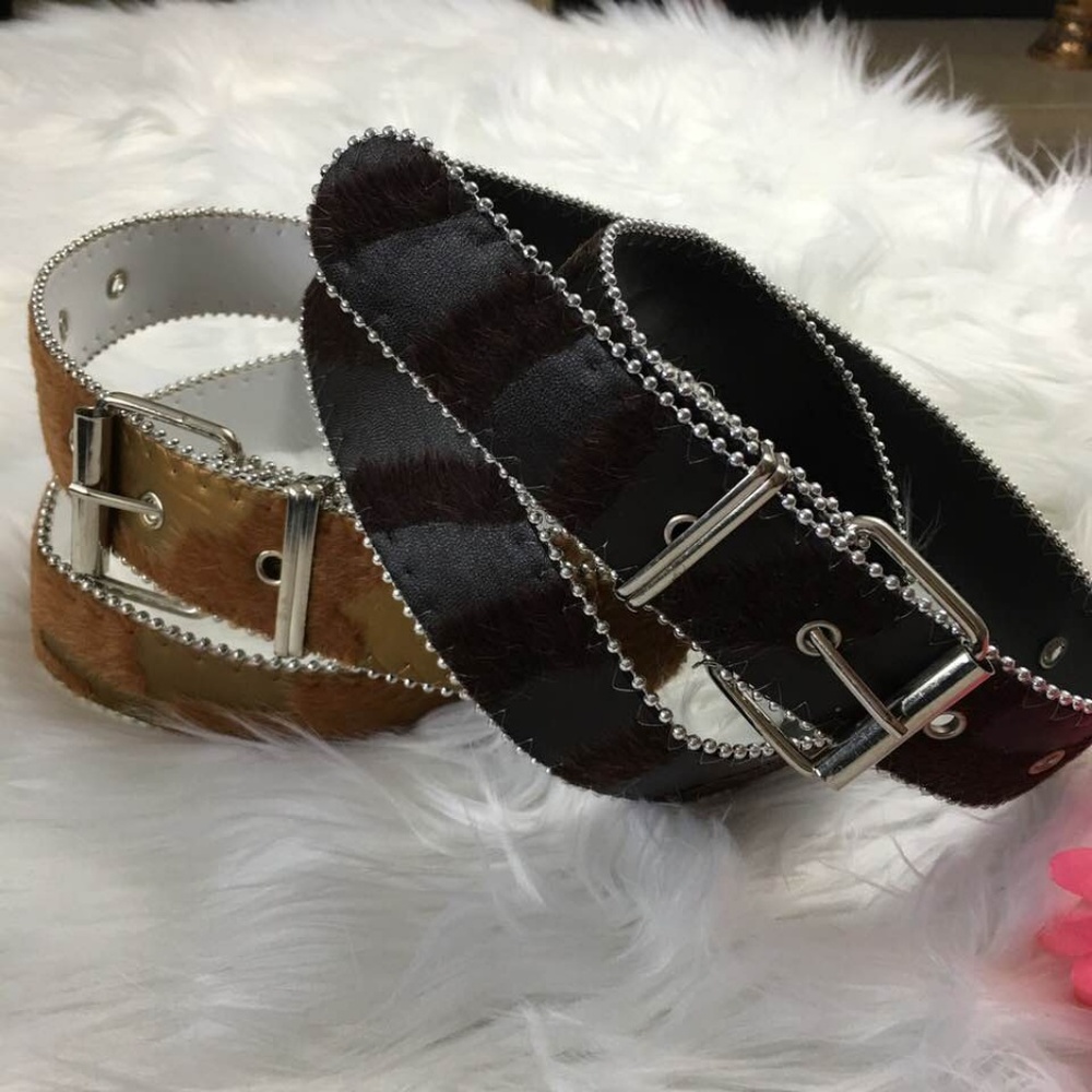 Black & Brown Faux Cow Fur Belts Silver Trim